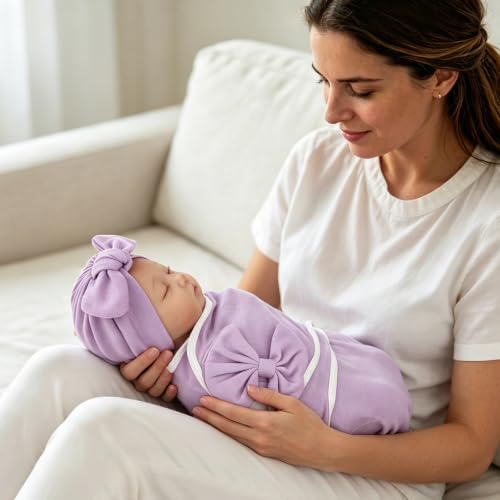 Image of DRESHOW BQUBO 3 Pack Newborn Baby Swaddle Blanket with Hats Infant Adjustable Velcro Swaddling Wraps with Bear Ears Cap for 6-12 Lbs Newborns & 0-3 Months Girls Boys