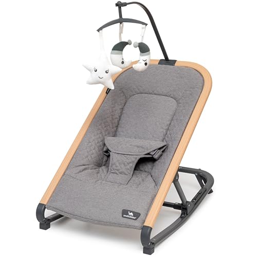DROMADER Babywippe f&uuml;r Neugeborene - Tragbare Babyschaukel mit Abnehmbare Spielzeugbogen mit 3 Pl&uuml;schtiere - Babywiege ab der Geburt bis 9kg - Wippe Baby mit 3 Einstellbaren Liegepositionen &ndash; Grau