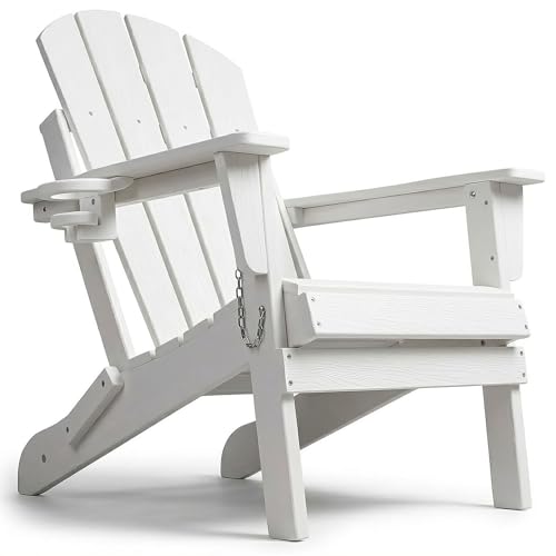 SFYLODS HDPE Adirondack Chair Folding Outdoor Patio Chair with Cup Holder Weather Resistant Wood Grain Lawn Chair for Backyard Garden Fire Pit Deck White