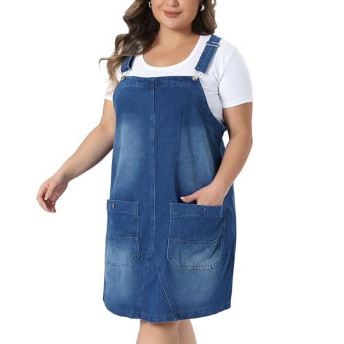 Image of Agnes Orinda Plus Size Women's Denim Overalls Dress Adjustable Strap Bib Suspender Skirts Jumper Jeans Dresses with Pockets
