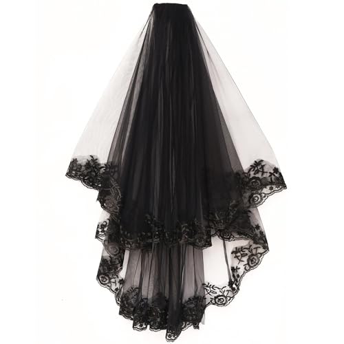 SUNHUITOY Brautschleier Schwarz Spitze Hexe Cosplay mit Kamm für JGA Hochzeit Zubehör (Schwarz 4)
