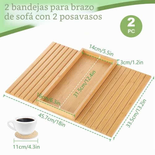 Bandeja de brazo para sofá plegable mesa de brazo de sofá de madera con posavasos 2 uds 3
