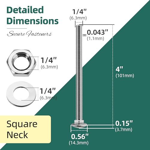 Image of (14 Sets) 1 /4-20 x 4 Carriage Bolts with Nuts and Washers, 304 Stainless Steel Round Head Square Neck 1 /4 Carriage Bolts Screws, Full Thread for Outdoor