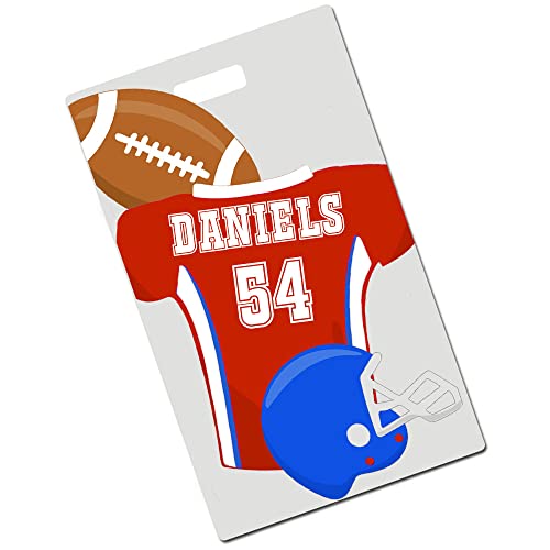 Football Backpack Tag Personalized Sports Red Blue Jersey Ball and Helmet for Book Bag Gym Duffle Travel Matching Team Accessories with Custom Name