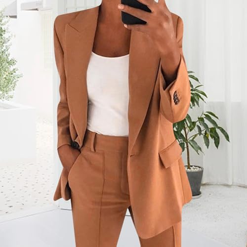 ZWRXW Women's 2 Piece Blazer Set Dressy Blazer Pants Suit Set Button Blazers Jackets Wide Leg Pant Sets Office Work Clothes3
