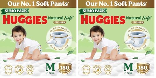 Image of Huggies Natural Soft Premium Baby Diaper Pants, Our No.1 Soft Pants, Medium (M) Size (7-12 Kgs), Sumo Pack of 360 diapers | Cloud Softness All over with India's 1st Cloud Touch BeltTM (60 Count, Pack of 3)