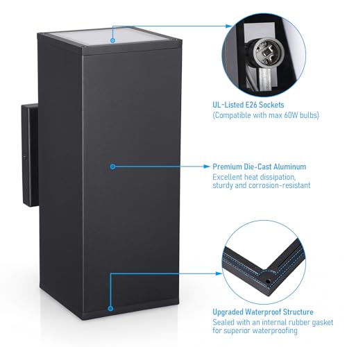 Image of LEONLITE 2-Pack 12 inch Outdoor Rectangular Wall Light, Up and Down, E26 Base | Modern Porch Patio Lights, Waterproof Wall Sconce, Exterior Light Fixture Wall Mount, Aluminum, Matte Black, ETL Listed