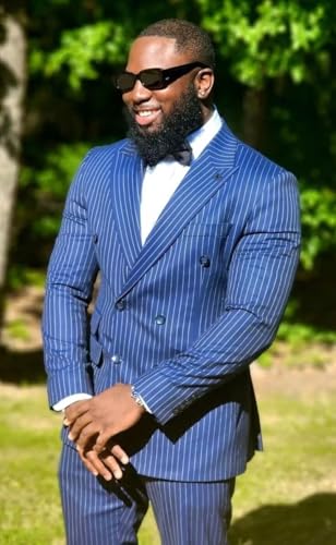 Wangyue Men's Pinstripe Suit 2-Piece Set Double Breasted Business Casual Wedding Party Suit3