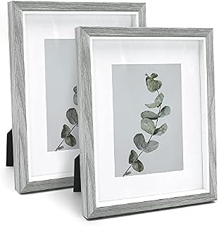 Afuly 10x8 Photo Frames 7x5 with Mat Grey Wooden Picture Frame Set with Mounts Modern Family Wall Hanging Rustic Gifts, Pack of 2