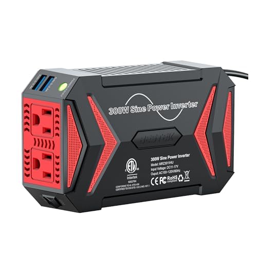 BESTEK Pure Sine Wave Power Inverter - 300W Car Plug in Charger Outlet DC 12V to 110V AC - Cigarette Lighter Adapter with 4.8A Dual USB Fast Charging Ports for Phone, Laptop, CPAP - Black