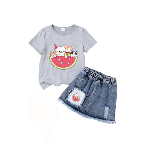 Ensemble d'été fille 2 pièces jupe en jean et haut imprimé gris 2-5 ans