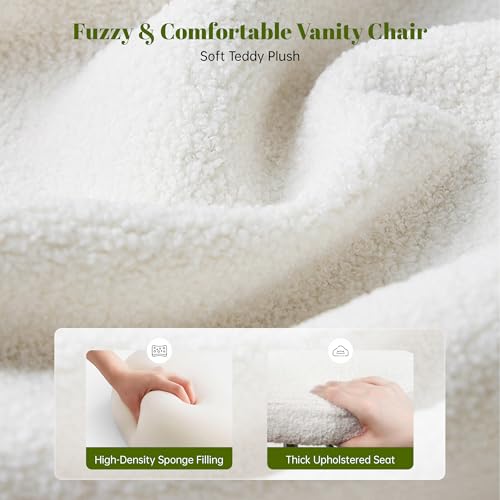 Image of DurayLoly Vanity Chair with Open Back & Wheels White | Swivel, Fluffy Teddy Fabric, Height Adjustable,300lbs for Makeup Room, Vantiy, Bedroom