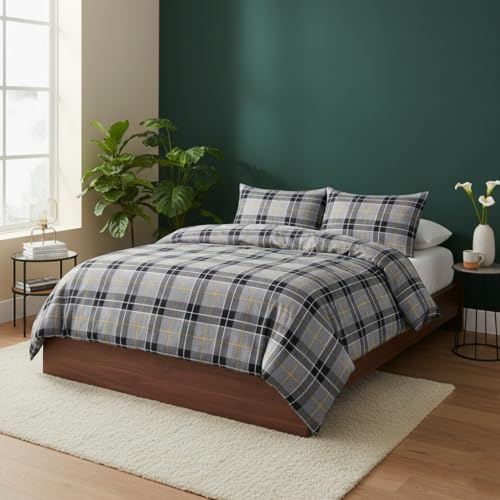 Image of Pro Home Tartan Check Flannelette Duvet Cover Set – Warm & Cozy 100% Brushed Cotton Reversible Bedding Quilt Covers with Pillowcases (Grey, Single)