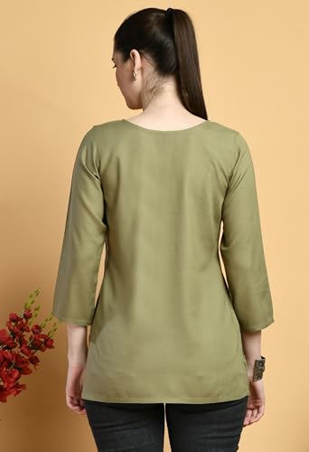 Image of QAZMI Women's Cotton,Rayon Embroidered Regular Tunic Shirt