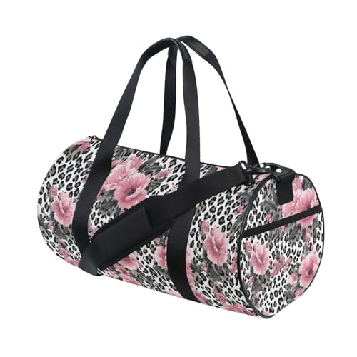 Flower Leopard Print Sports Duffel Bag Barrel Gym Bag with Large Main Compartment, Side Pocket and Zippered Pouch Full Print Design for Fitness Short Trips and Outdoor Sports3
