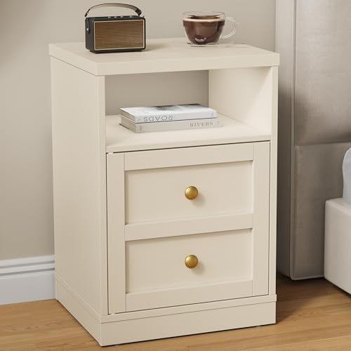 RoyalCraft Beige Nightstand with Storage Shelf and Door, Faux Two-Drawer Design Side Table, Modern Night Stand for Bedroom Dorm, Wood End Table for Small Spaces