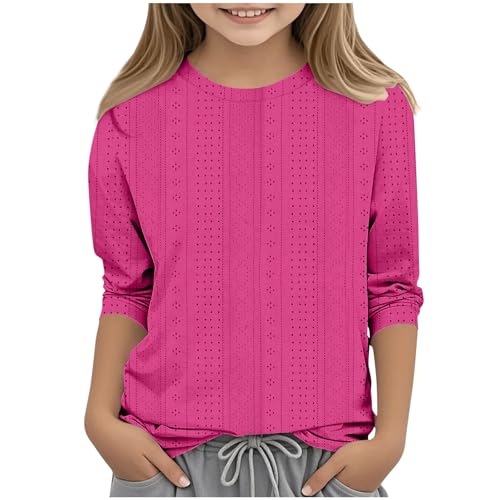 Girls 3/4 Sleeve Shirts Solid Color Basic T-Shirts Eyelet Tops Summer Hollow Out Breathable Tshirts