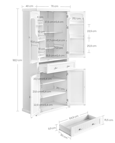 VASAGLE Credenza Cucina, 40 x 76 x 182,1 cm, Mobile Dispensa Cucina con Scomparto, Mobiletto Cucina con Cassetto, Ripiani Regolabili, 6 Ripiani su Ante, Soggiorno, Bianco BBC561W21 - immagine 4