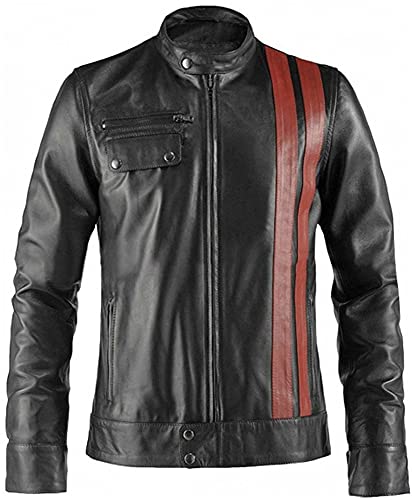 Mens Real Black Leather Victor Cafe Racer Retro Red Stripes Jacket Motorbike Motorcycle Biker Club Casual Brando