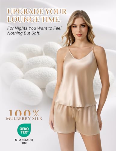 Image of THXSILK 100% Mulberry Silk Women Cami Pajama Set, Tank Top with Shorts Sleepwear, Adjustable Spaghetti Straps, Luxury Pj Set