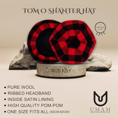 Image of Scottish Tam O' Shanter Hat Tartan Bonnet Pom Pom Wool Flat Cap One Size