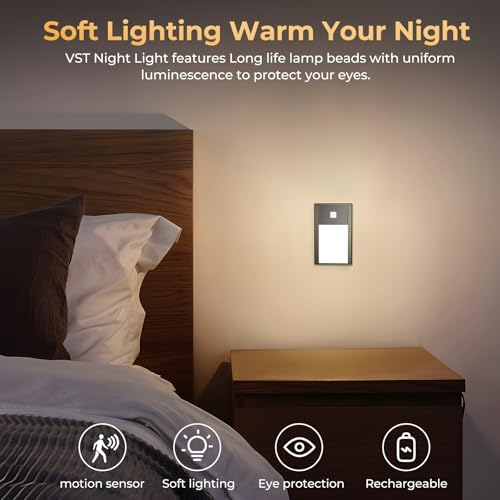 Image of VST Motion Sensor Step Night Lights, Rechargeable Battery Powered Stair Lights with Magnetic Suck Installation for Indoor Bedroom Hallway Stair Nursery Kids Room (2.68 inch 3000K 3Pack Black)