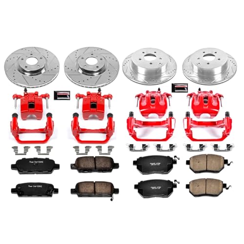 Image of PowerStop Front and Rear Brake & Caliper Kit for Nissan Murano 2006-07 - Carbon-Fiber Ceramic Brake Pads + Drilled & Slotted Rotors + Red Powder Coated Calipers, KC119