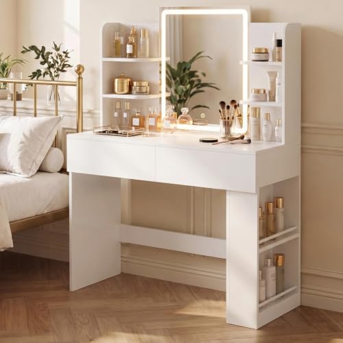 Image of YESHOMY 35.4 inch Vanity Desk with LED Mirror and Lights,Makeup Vanity with 2 Storgae Drawers, 2 Side Shelves, and Open Storage Shelves, 3 Color Modes, for Bedroom, Snow White