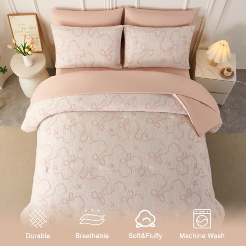 Image of PERFEMET Blush Pink Twin Comforter Set, 5 Pieces Cute Bow Jacquard Girls Bedding Twin Bed in a Bag, Soft All Season Vintage Embossed Bowknot Bedding Comforter Set Boho Bedroom Sets