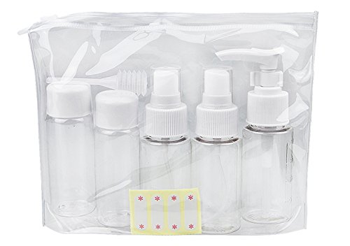 RUIXIA 7Pcs Flacon Vide Voyage Kit Voyage Avion Bouteille Voyage Cosmétique avec Trousse de Toilette Transparente Flacon Spray Flacon Pompe Pipette Etiquette Conteneur Liquide Cover