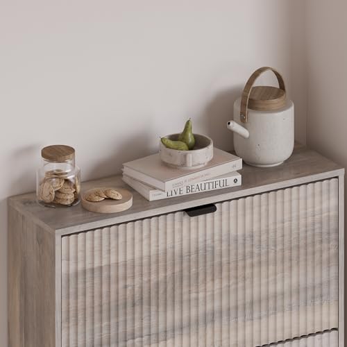 Image of BORNOON Entryway Shoe Cabinet with 3 Flip Drawers, Narrow Shoe Organizer Cabinet with Fluted Panel and Adjustable Shelves for Foyer, Hallway