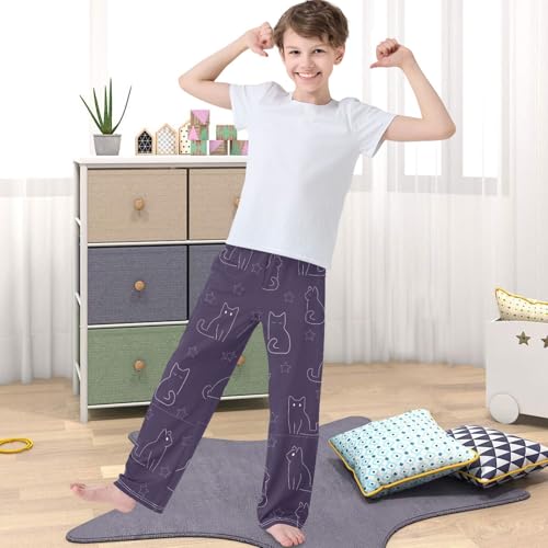 Boy's Lounge Pants Outline Animal Funny Cat Purple Kids Jogger Pants Elastic Waist Long Bottoms with Pocket 6-14Y4