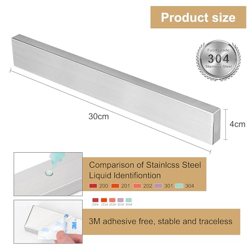 Portacoltelli magnetico da 30 cm, striscia magnetica in acciaio inossidabile, nessuna perforazione richiesta, porta coltelli cucina, forza super magnetica, adatto a tutti i coltelli - immagine 3