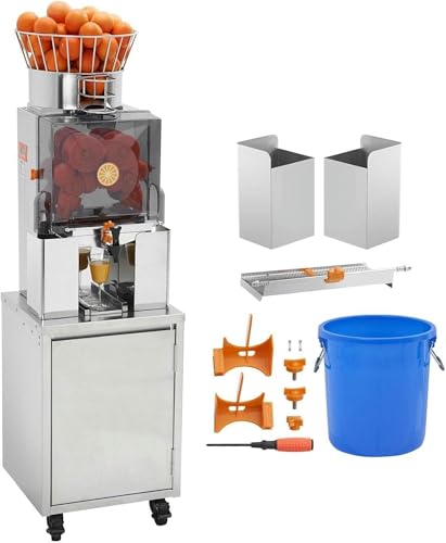 Exprimidor de naranjas automático comercial con grifo de agua, máquina de acero inoxidable, 25 naranjas por minuto, caja de filtro extraíble, cubierta de PC, 3 cubos recolectores de cáscara.