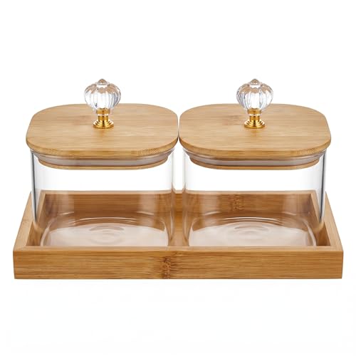 Image of 500ML Glass Storage Jar Set with Bamboo Tray & Airtight Bamboo Lid, Transparent Kitchen Containers for Dry Fruits, Snacks, Candy, Mukhwas & Tea Storage, Set of 2