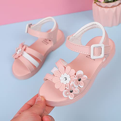 Girls Sandals Princess Shoes Bow Knot Children Open Toe Soft Sole Broken Flower Girls Shoes Slide Sandals for Kids (Pink, 27 Little Child)2