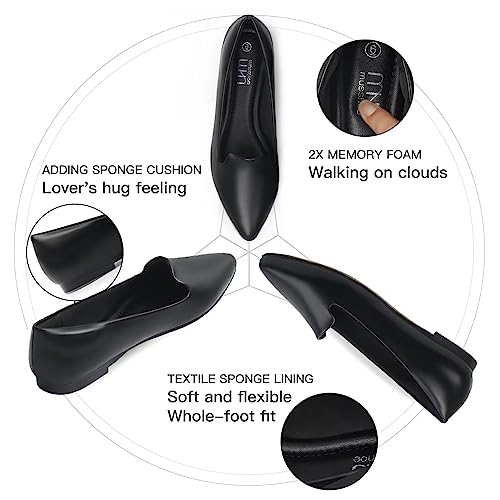 Image of MUSSHOE Black Flats for Women Pointed Toe-Comfortable Business Casual Work Shoes, Dressy Suede Slip On with Memory Foam for Office, Teacher & Standing All Day