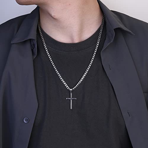 Besteel 925 Sterling Silver Cross Necklace Beveled Edge for Men Women 5mm Stainless Steel Diamond Cut Durable Cuban Link Curb Chain Crucifix Pendant Necklace Jewelry 16-30 Inches2