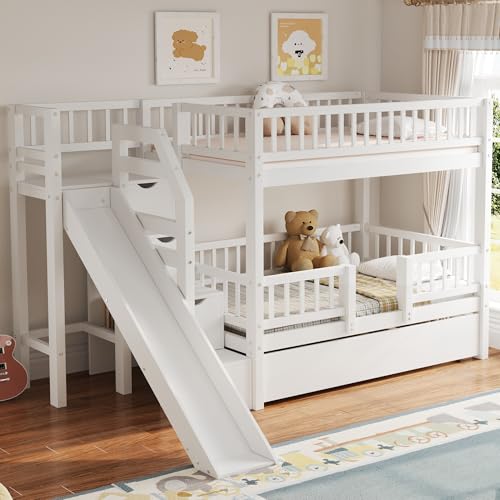 Image of Twin over Twin Bunk Bed with Storage Staircase,Slide and Trundle,White