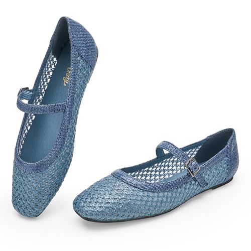 Image of Trary Mary Jane Shoes Women Woven Flats for Women Dressy Ballet Flats Squared Toe Mary Jane Flats Shoes