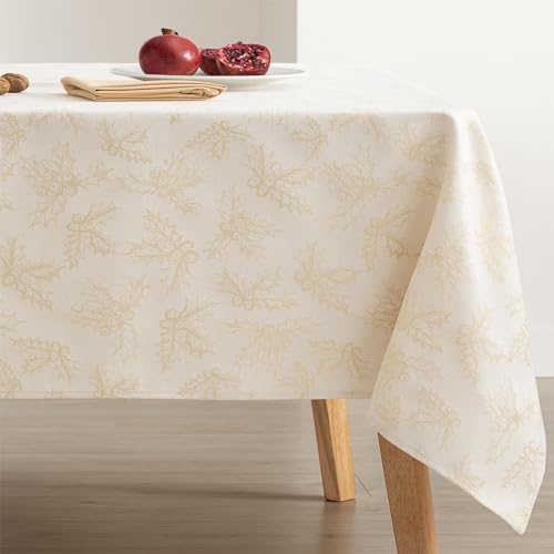 GAMUSI Tablecloth Christmas Jacquard Golden Thread Dining Table Rectangular Christmas Decoration 140 x 300 cm, Ecru