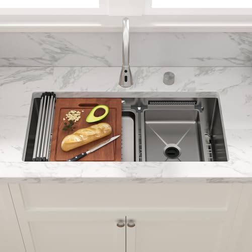 Sarlai 33 Inch Waterfall Kitchen Sink - Undermount Kitchen Sink With Waterfall Ledge Workstation Stainless Steel 16 Gauge Multifunction Single Bowl Under Mount Sinks Basin with Faucet