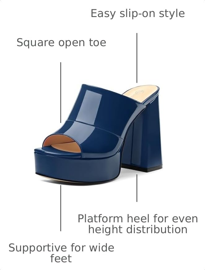 Image of Women Square Open Toe Platform Chunky Heel Slide Sandals | Slip On High Heel Dress Sandals, Elegant Formal Footwear For Wedding Club Evening Party Events