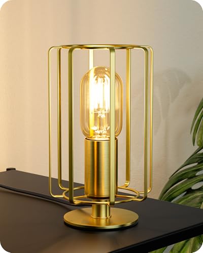 EDISHINE Table Lamp E27 Socket & LED Bulb Included 21.5CM 2400K Bedside Lamp with Gold Cylindrical Flat Iron Cage Shade for Bedroom Living Room