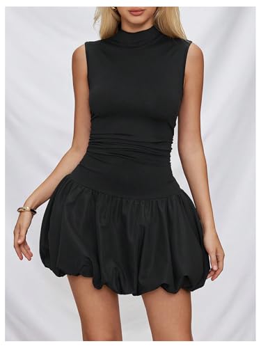 Image of WDIRARA Women's Mock Neck Sleeveless Tank Dress Bubble Sundress Puffy Mini Dresses