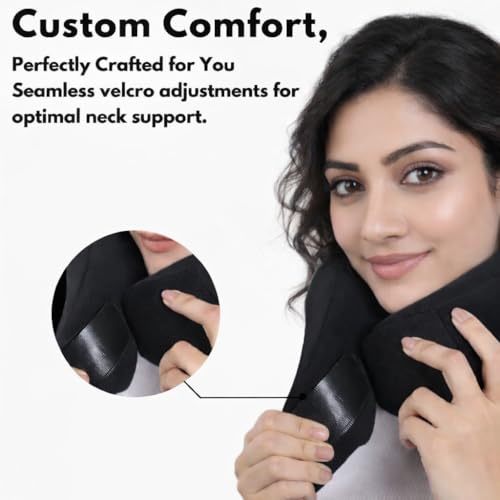 Image of HEVEA Travel Neck Pillow with Eye Mask,100% Memory Foam & 360 Degree Neck Support Pillow for Flight, Car, Bus,Train Travel, Adjustable Velcro, Washable Velvet Cover, Free Travel Pouch.. (Black)