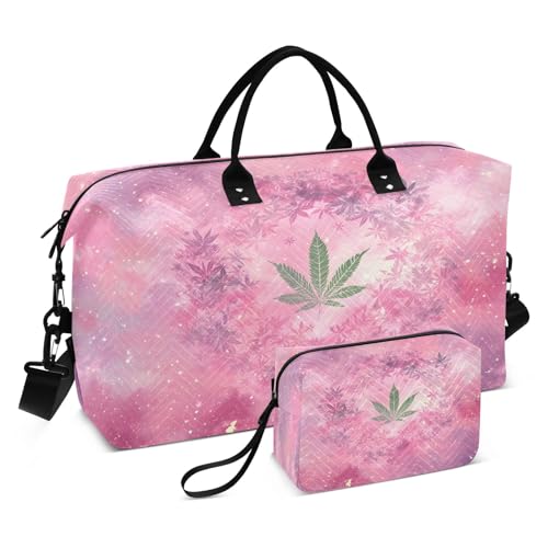 Weekender Bags Travel Duffel Gym Bag Cannabis Leaves Nebula Carry on Overnight Tote Bag with Toiletry Bag for Airplane Travel Trip Gym Yoga