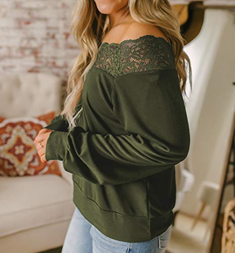 NStart Womens Sexy Lace Detail Boatneck Pullover Blouse Long Sleeve Tops ((US 12-14) L, Green)