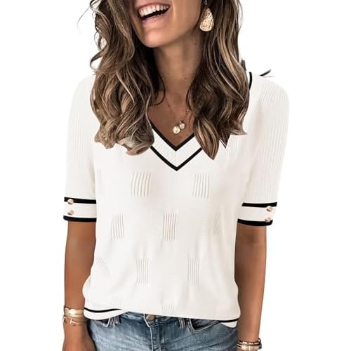 AKEWEI Womens V Neck Sweater Short Sleeve Lightweight Knit Spring Summer Tops with Decorative Buttons White Stripe Medium