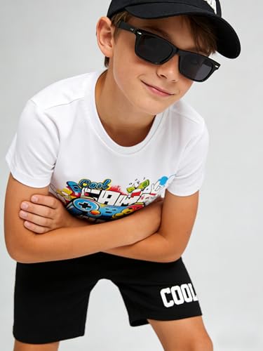 Image of Cakaner Tween Boys Summer Clothes 2 Piece Short Sleeve Graphic T-Shirt and Shorts Casual Outfit Set Size 7-14